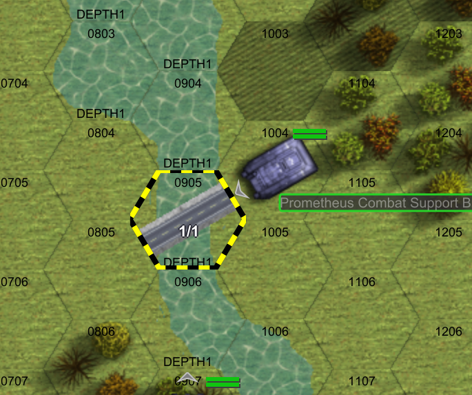 A combat support vehicle with its bridge laid across a Depth 1 stream