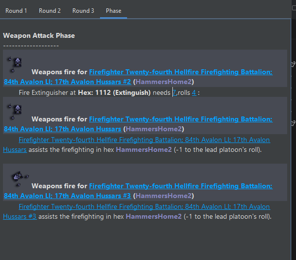 Combat report showing three firefighting platoons working the same hex