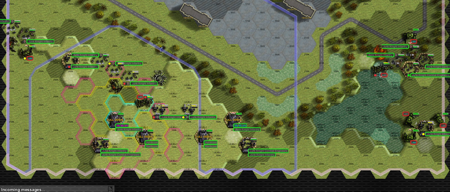 A defensive line of dug-in infantry and hull down Manticores in fortified hexes
