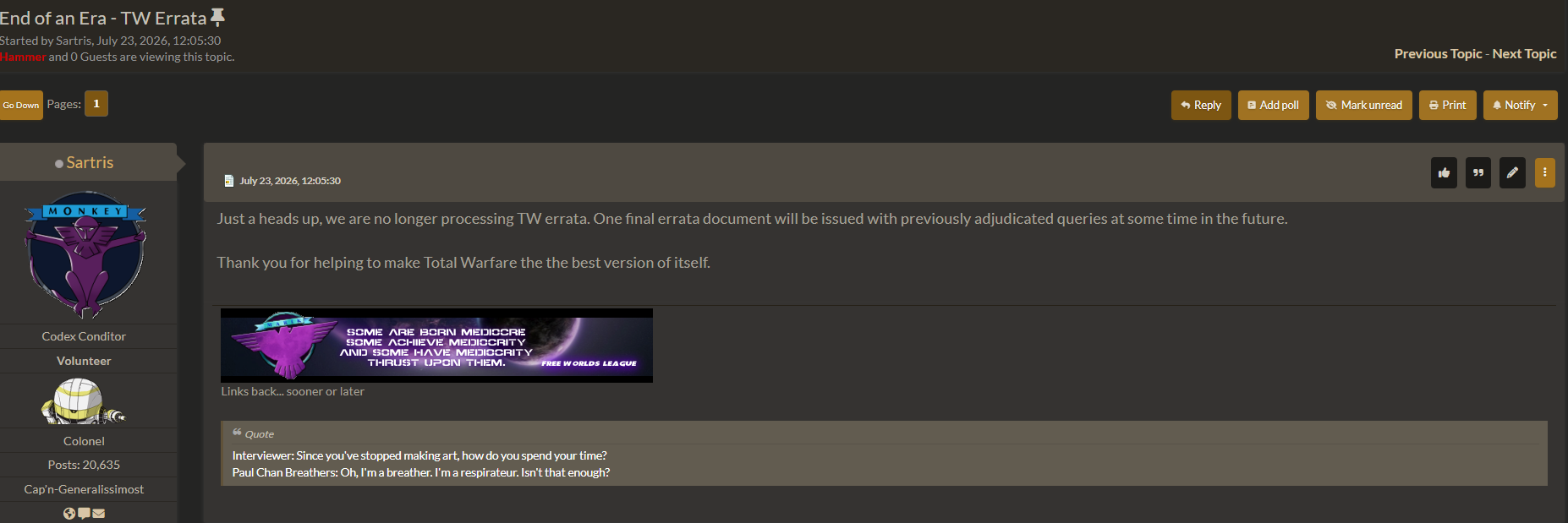 Catalyst forum announcement: End of an Era - TW Errata