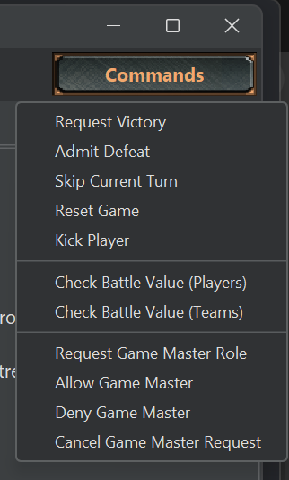 The Commands menu in MegaMek, with options to request, allow, deny or cancel the Game Master role