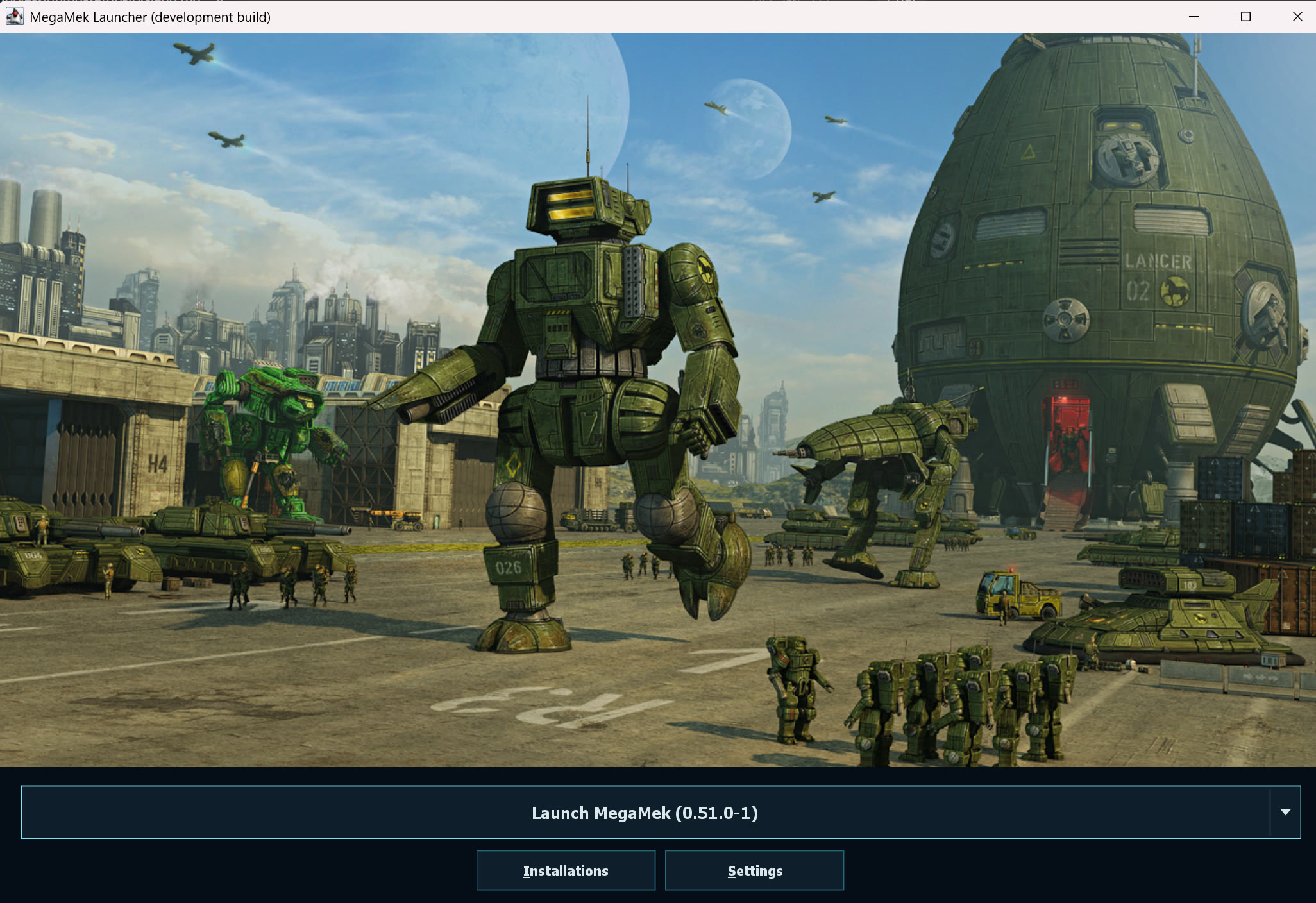 The MegaMek Launcher home screen, with a Launch MegaMek button under the splash art