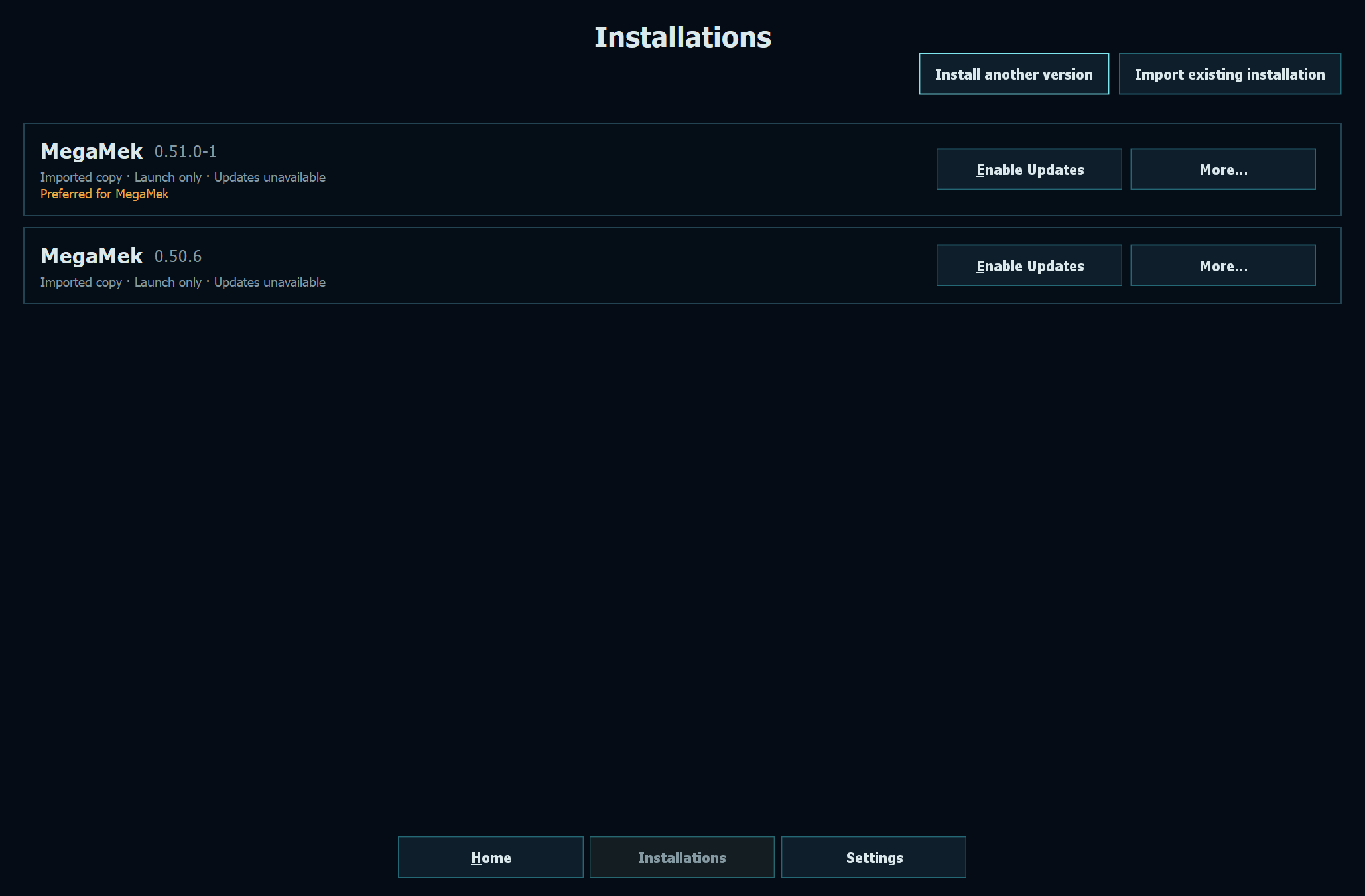 The launcher's Installations page listing two imported MegaMek copies, 0.51.0-1 and 0.50.6