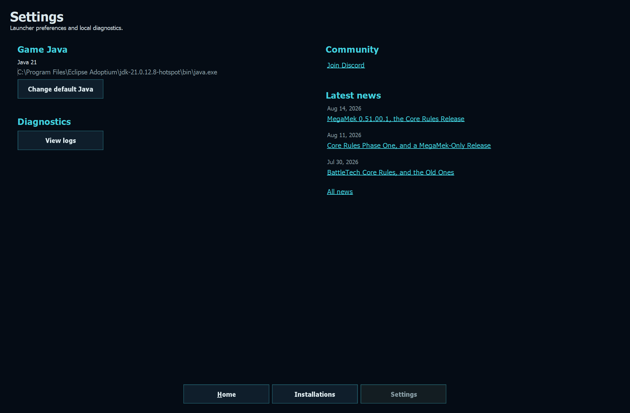 The launcher's Settings page showing the Java in use, a View logs button, and the latest news posts