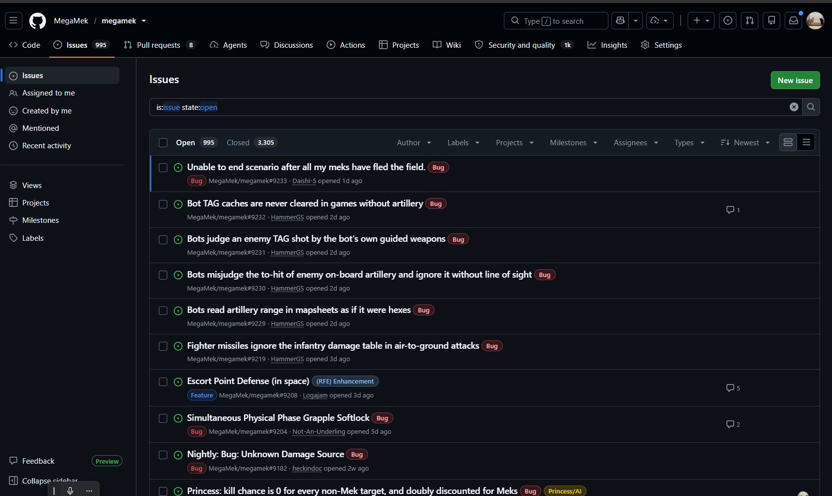The MegaMek GitHub issue tracker showing 995 open issues and 3,305 closed