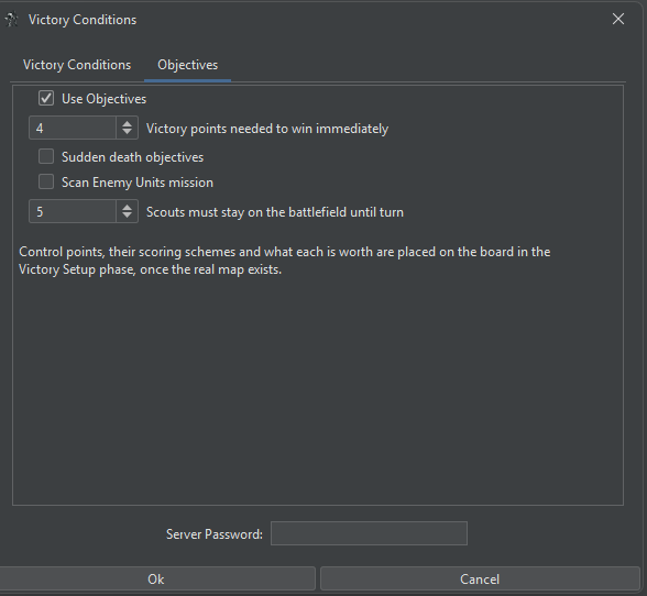 The Objectives tab of the Victory Conditions dialog, with Use Objectives ticked and a victory point target of 4