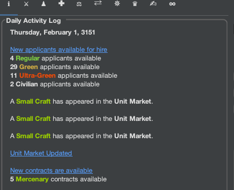 The MekHQ Daily Activity Log, ending with a line reading 'New contracts are available: 5 Mercenary contracts available'