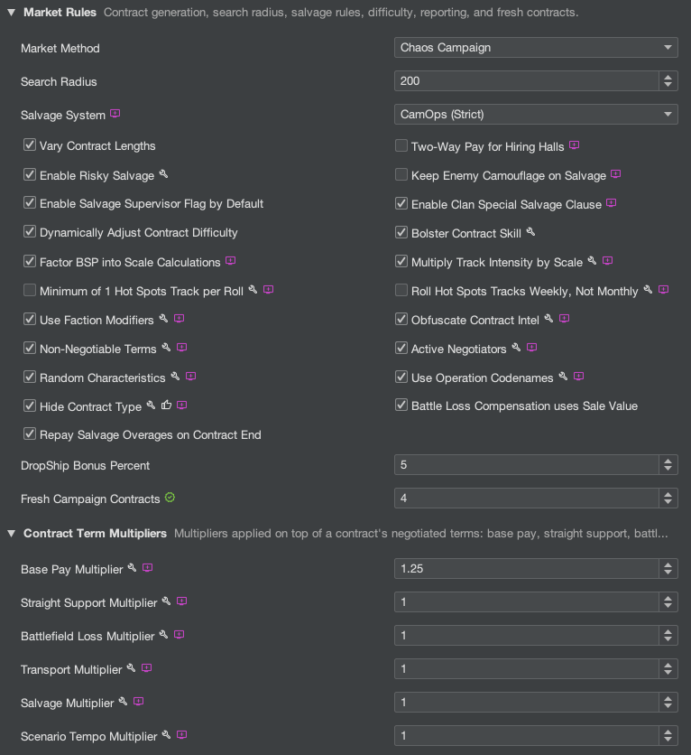 The Market Rules campaign options, with Market Method set to Chaos Campaign and a long list of contract and salvage settings