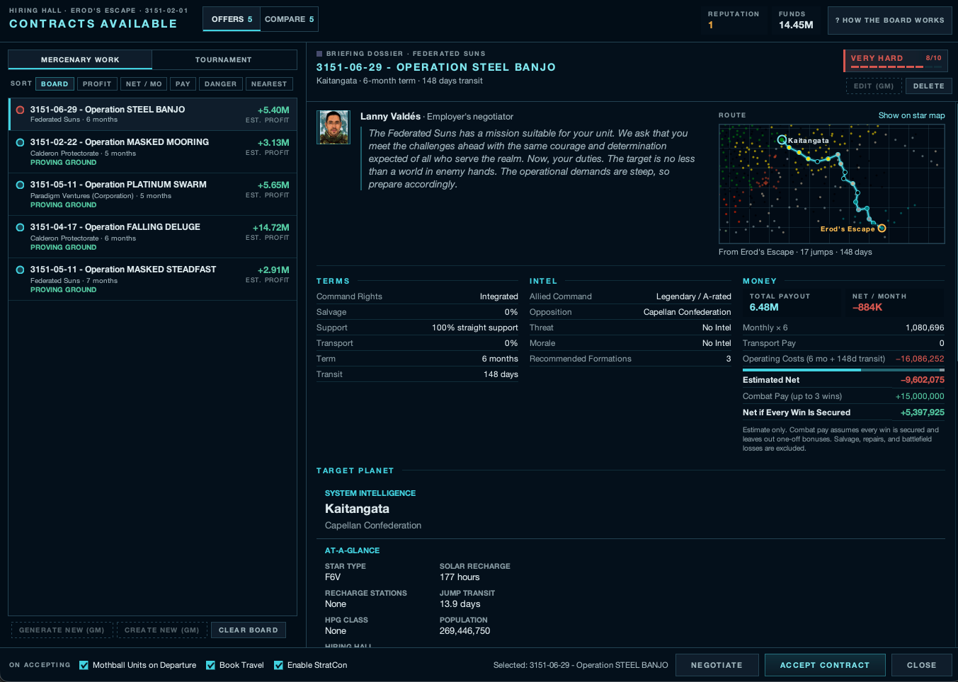 The new Contracts Available board: a list of operations on the left, and a briefing dossier on the right with the employer's message, a route map, terms, intel, money and the target planet