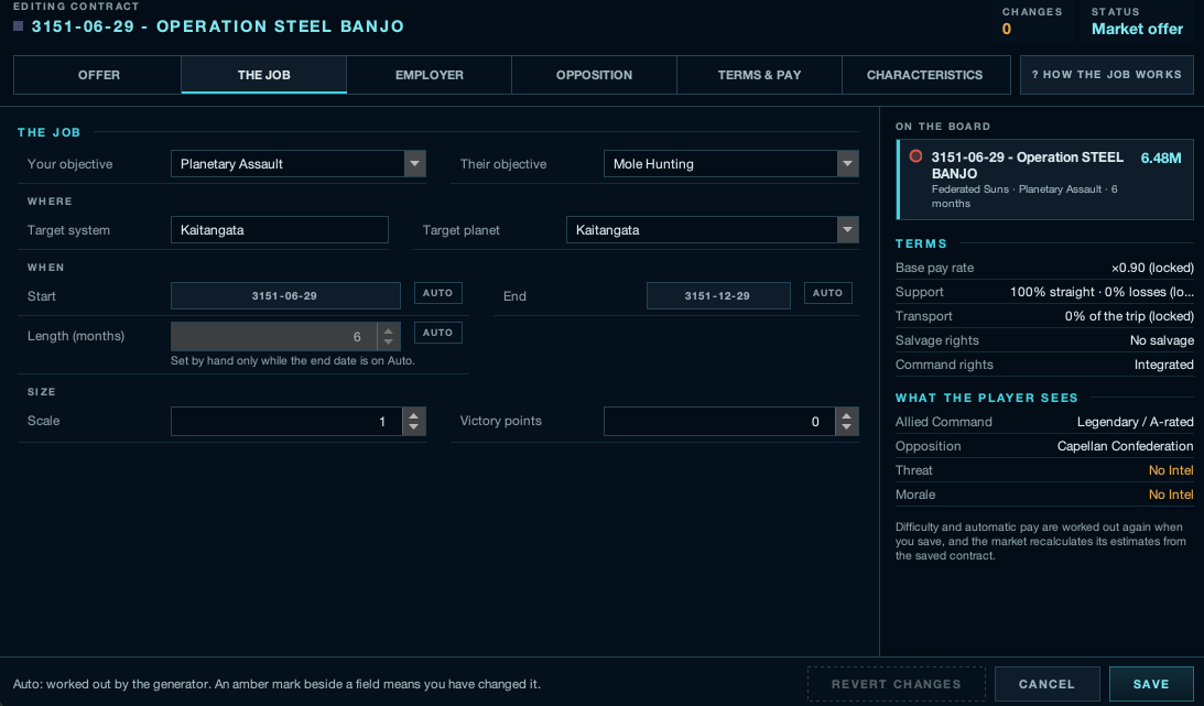 The GM contract editor open on The Job tab, with fields for objectives, target system, dates, scale and victory points