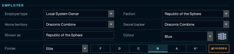 Employer settings showing a contract shown as the Republic of the Sphere, with a hidden secret backer of the Draconis Combine