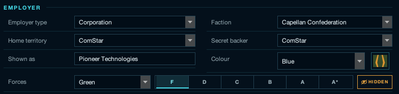 Employer settings for a corporation shown as Pioneer Technologies, working for the Capellan Confederation, with ComStar as the hidden secret backer