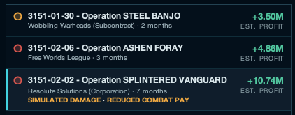 Three contract offers, one tagged Simulated Damage and Reduced Combat Pay
