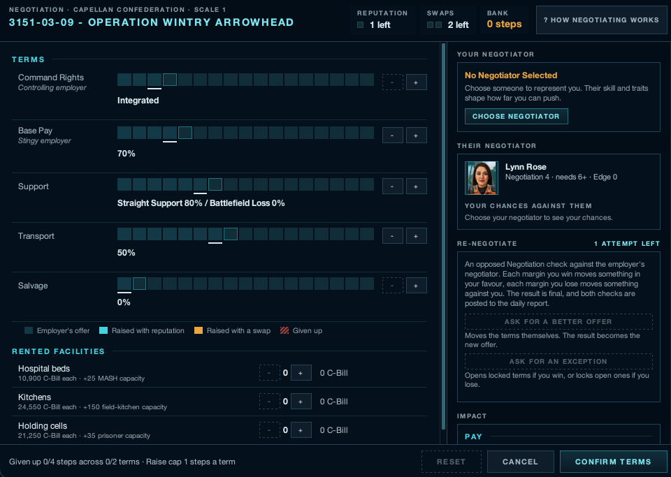 The new negotiation screen: a step track for each contract term, rented facilities below, and your negotiator and theirs on the right