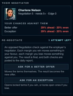 The employer's negotiator panel showing your chances against them, with buttons to ask for a better offer or an exception