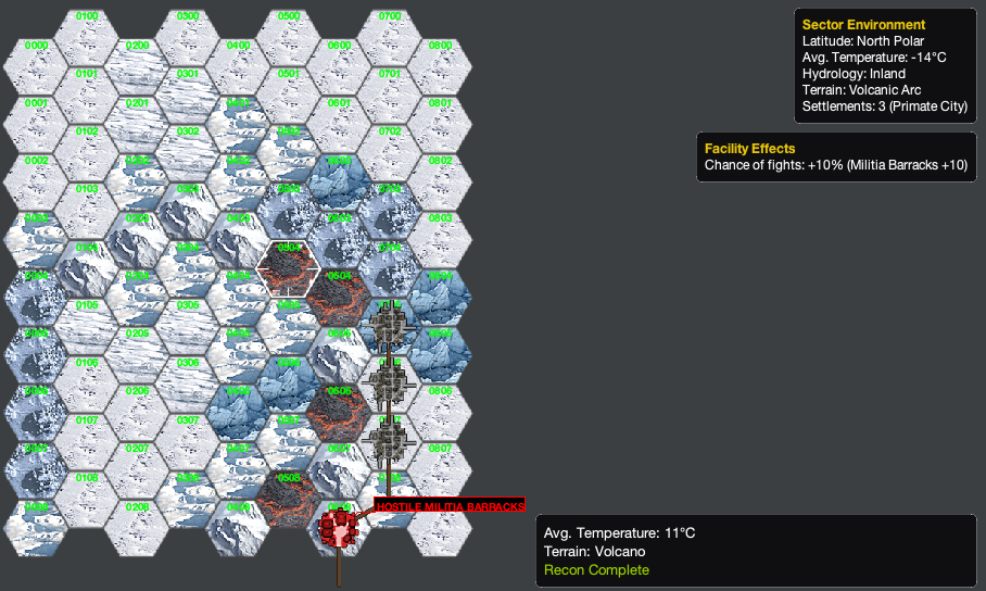 A polar StratCon sector covered in ice and snow, with a chain of volcano hexes and a hostile militia barracks