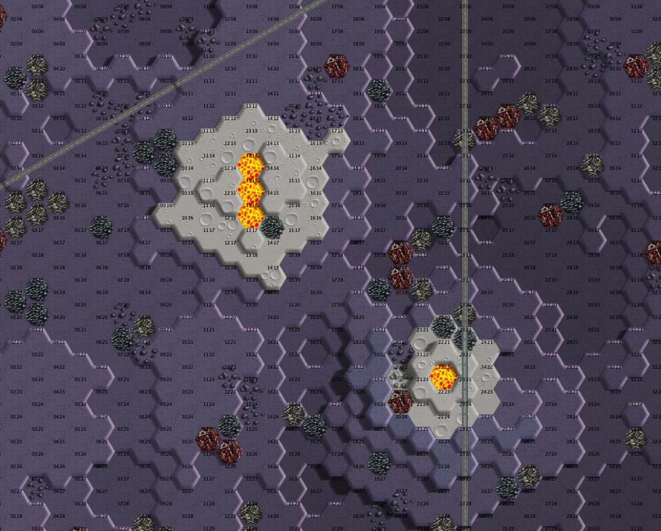 A MegaMek battle map of dark volcanic ground with lava hexes and buildings