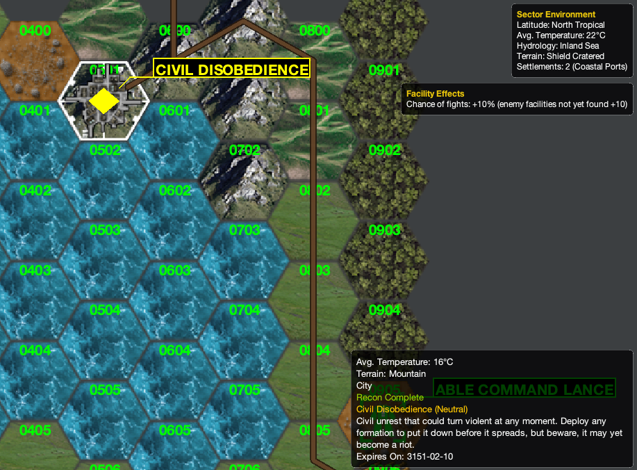 A Civil Disobedience Nav Point on a StratCon map, with a tooltip warning that the unrest may turn into a riot