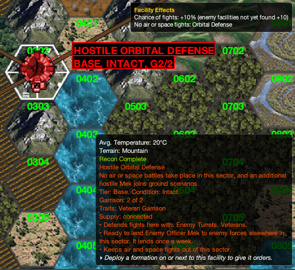A hostile orbital defense base on the StratCon map, with a tooltip listing its garrison, traits, supply line and what it does to fights in the sector