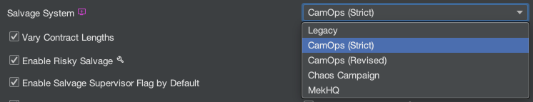 The Salvage System dropdown listing Legacy, CamOps (Strict), CamOps (Revised), Chaos Campaign and MekHQ