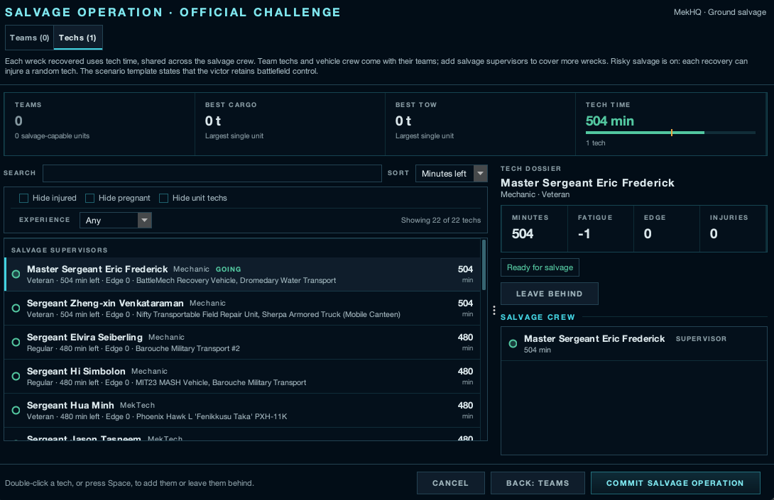 The Salvage Operation screen, listing available techs with their remaining minutes and a salvage crew panel
