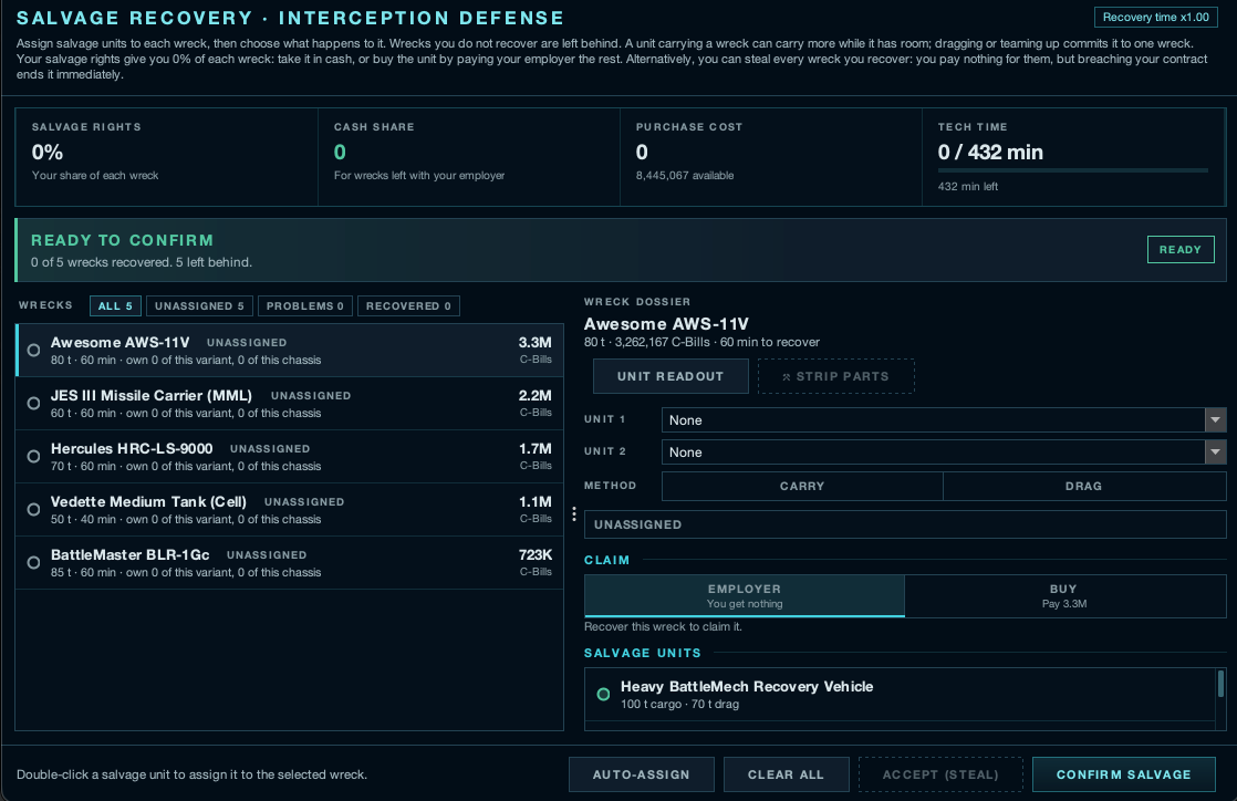 The Salvage Recovery screen: a list of wrecks with their value, and a dossier where you assign salvage units and choose to leave each wreck with the employer or buy it