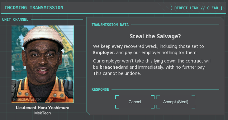 A tech asking 'Steal the Salvage?', warning that the contract will be breached and end immediately