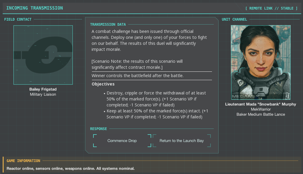 A scenario briefing transmission listing the objectives, with Commence Drop and Return to the Launch Bay buttons