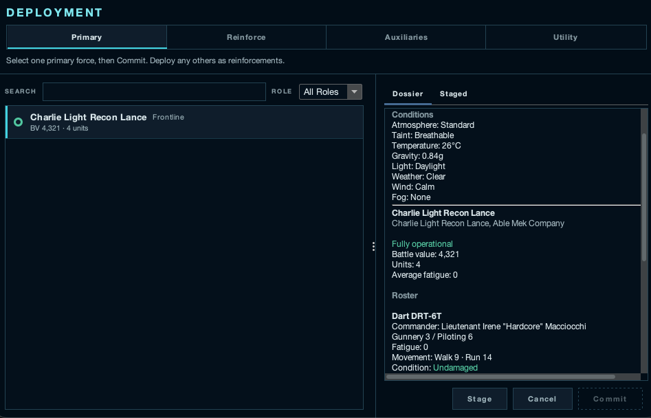 The new Deployment dialog, with tabs for Primary, Reinforce, Auxiliaries and Utility, and a dossier of the selected lance