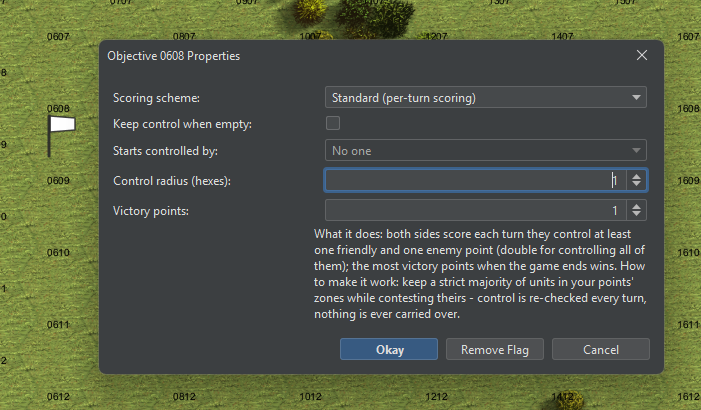 The objective properties dialog set to Standard: 1 victory point, control radius 1