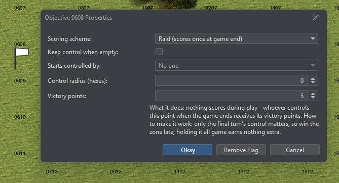 The objective properties dialog set to Raid: 5 victory points, control radius 0, scoring once at game end