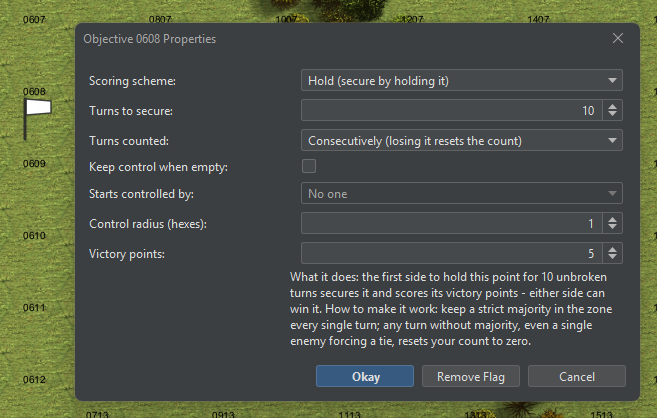 The objective properties dialog set to Hold: 10 turns to secure, counted consecutively, 5 victory points, control radius 1