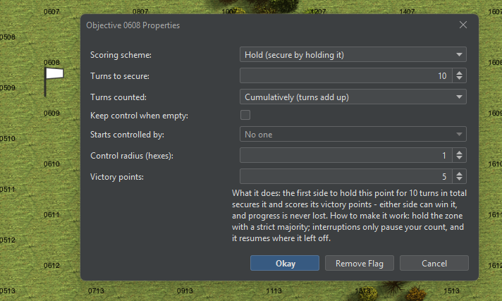 The objective properties dialog set to Hold: 10 turns to secure, counted cumulatively, 5 victory points, control radius 1