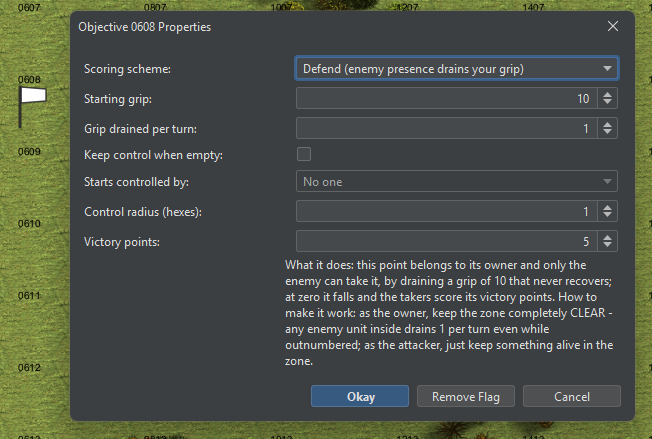 The objective properties dialog set to Defend: starting grip 10, grip drained 1 per turn, 5 victory points, control radius 1