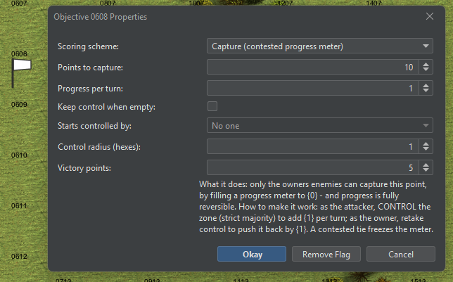 The objective properties dialog set to Capture: 10 points to capture, progress 1 per turn, 5 victory points, control radius 1