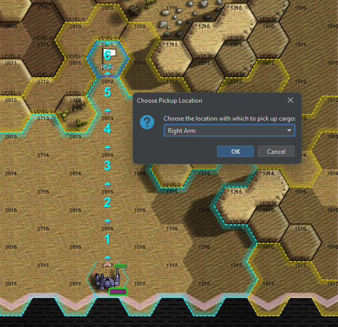 A Phoenix Hawk's move path ends on a Mobile objective flag, with the Choose Pickup Location dialog offering the right arm