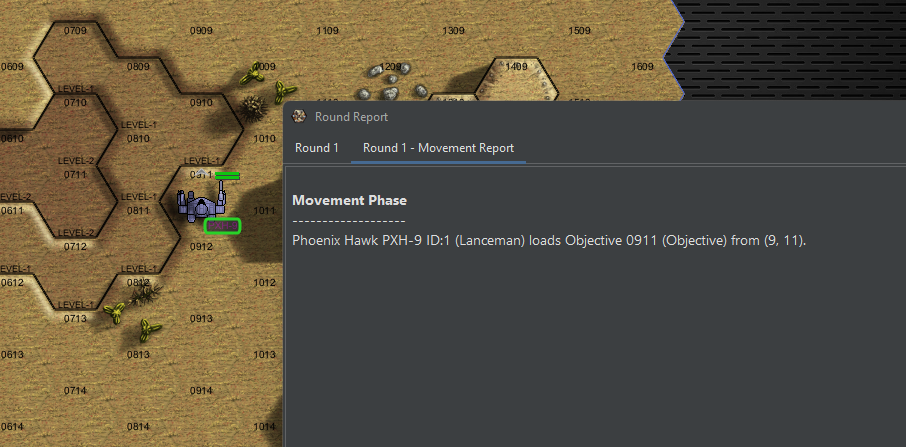 The Phoenix Hawk holding the flag, and the movement report saying it loads the objective