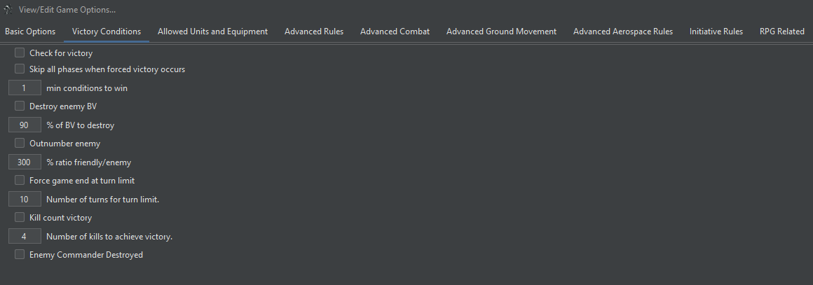 The Victory Conditions tab of the old Game Options dialog: check for victory, destroy enemy BV, outnumber enemy, force game end at turn limit, kill count victory and enemy commander destroyed