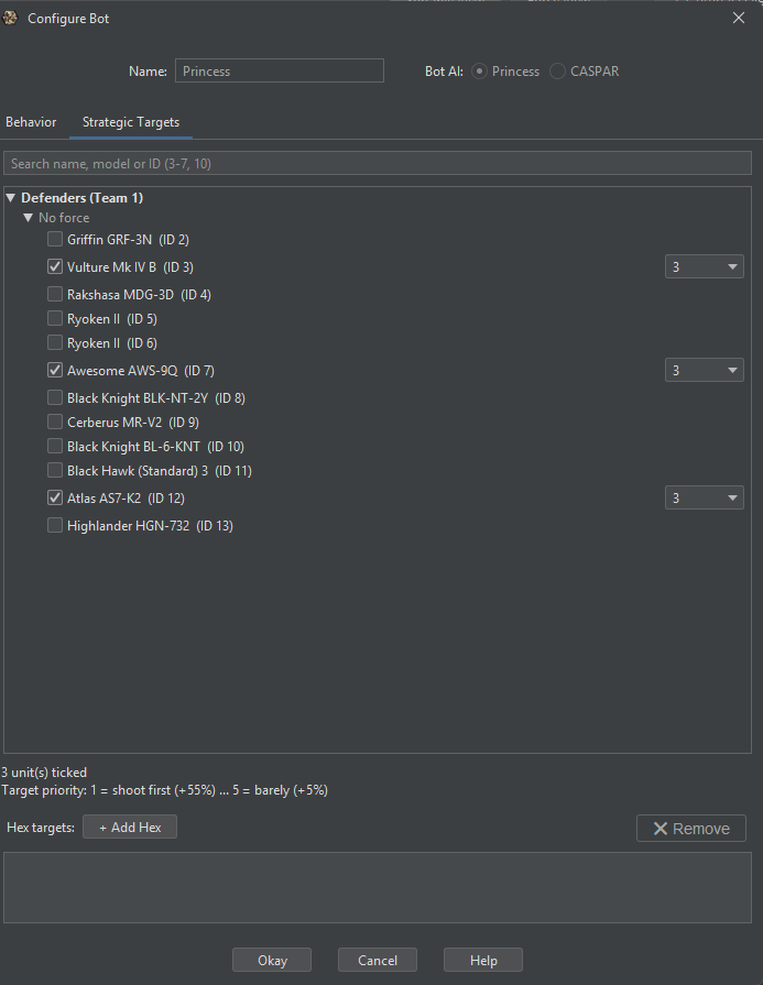 The Configure Bot window, Strategic Targets tab: enemy units listed by force with three ticked as priority 3 targets, and a Hex targets list underneath