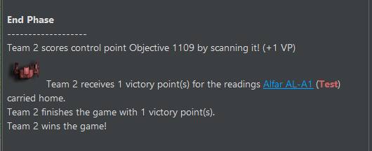 The final End Phase report: Team 2 scores the Scan point, is paid for the reading carried home, finishes with 1 victory point and wins the game