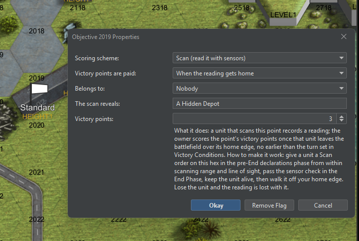 The Scan point properties dialog on a building: paid when the reading gets home, belongs to nobody, "A Hidden Depot" in the scan reveals box, 3 victory points