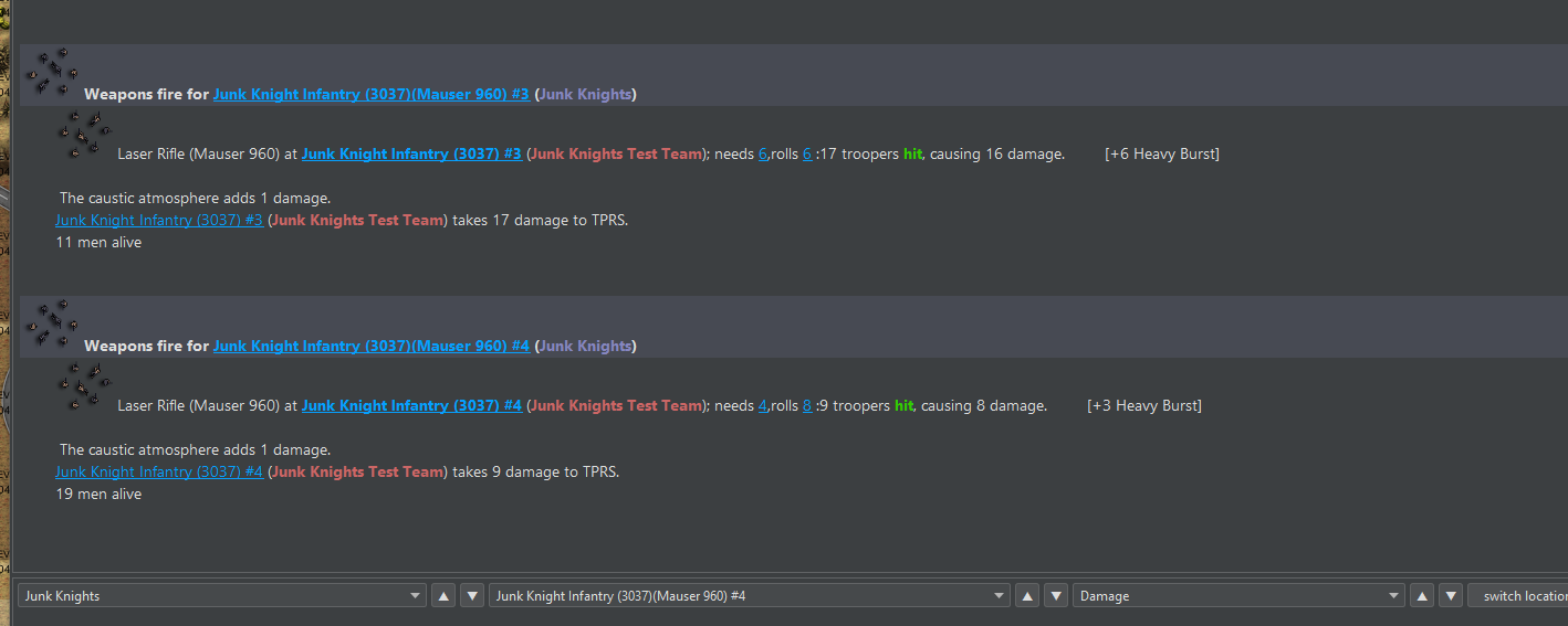 Damage report: two laser rifle platoons hit enemy infantry, tagged +6 Heavy Burst and +3 Heavy Burst, each followed by a line saying the caustic atmosphere adds 1 damage