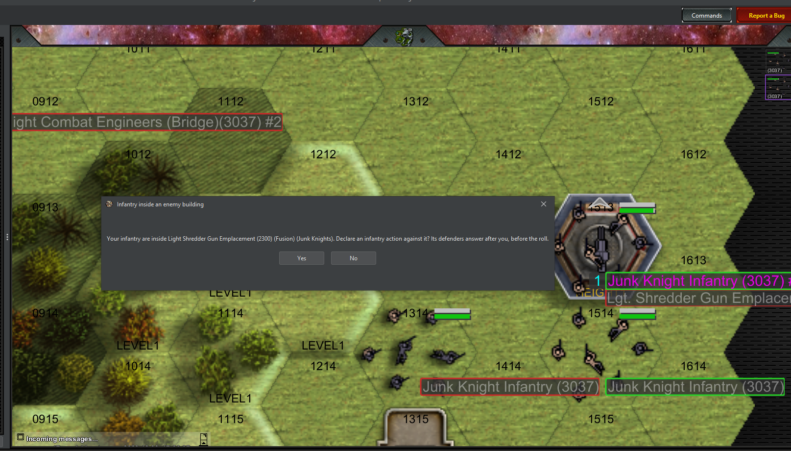 A dialog titled Infantry inside an enemy building, asking whether to declare an infantry action against the Light Shredder Gun Emplacement the platoon is in