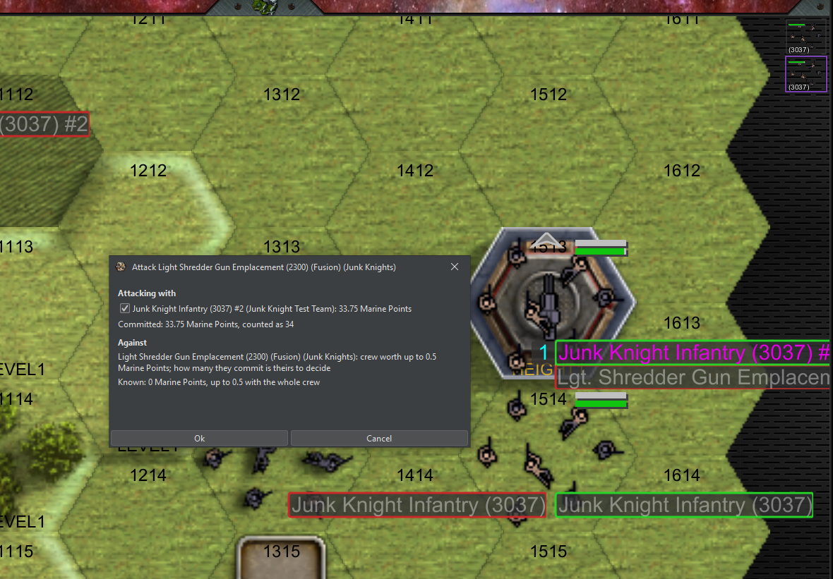 The attack dialog: one platoon checked as the attacker at 33.75 Marine Points, counted as 34, against a crew worth up to 0.5