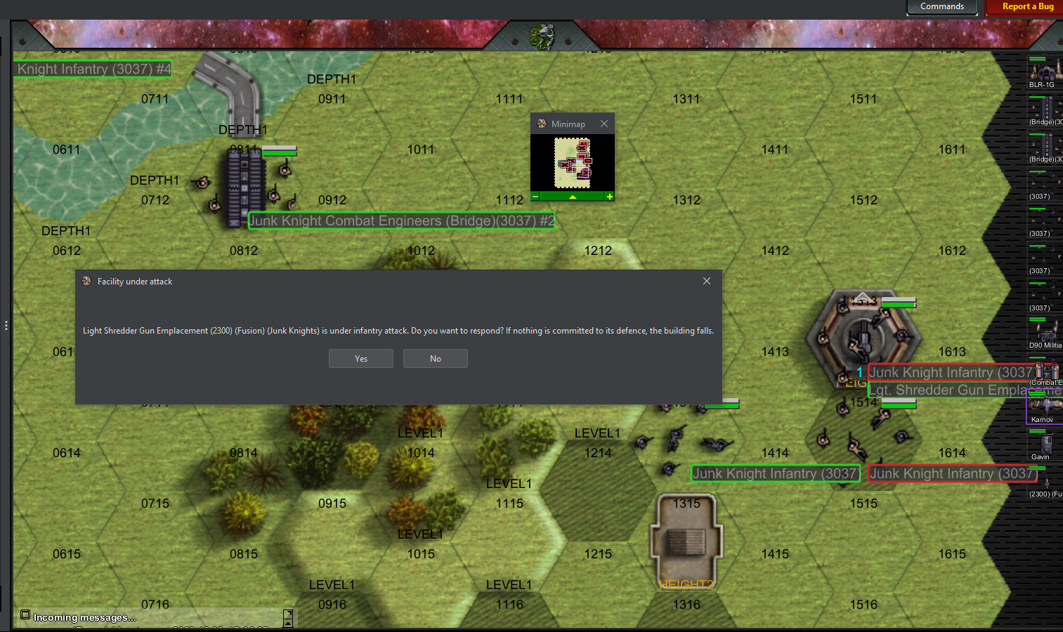 A dialog titled Facility under attack, telling the defender that if nothing is committed to its defence, the building falls