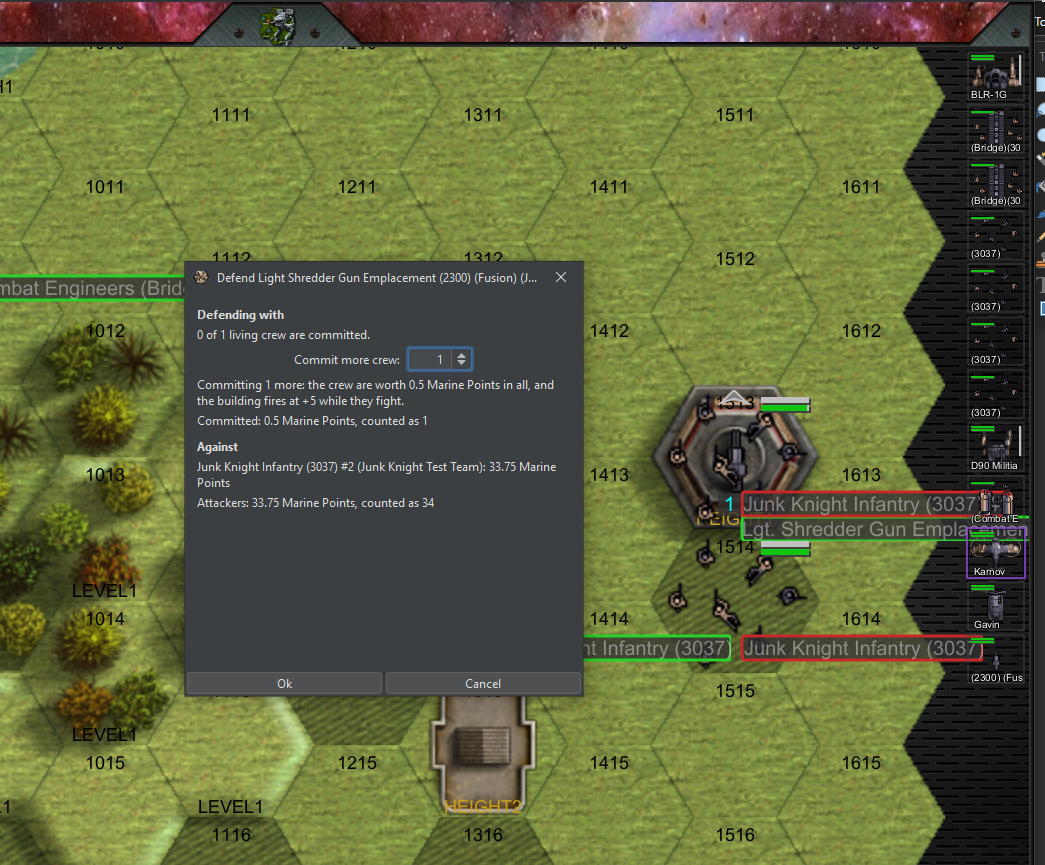 The defend dialog: committing the one living crew member, worth 0.5 Marine Points, counted as 1, against the attackers 34