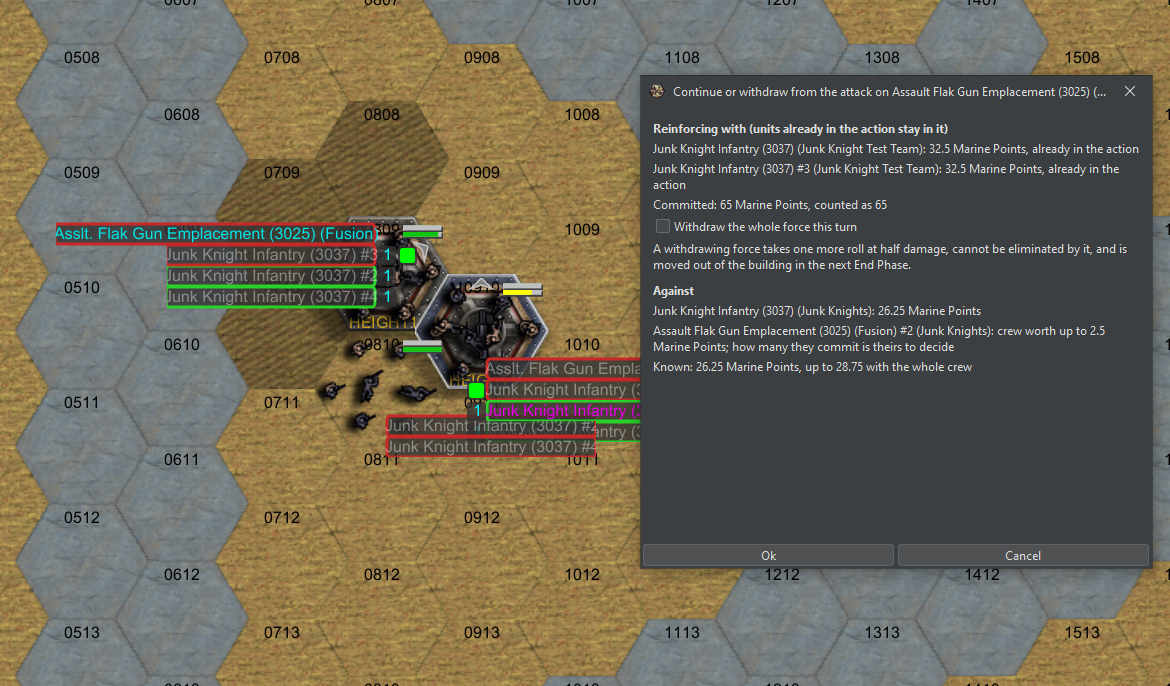 The attacker's Continue or withdraw dialog: two platoons already in the action at 65 Marine Points, with a box to withdraw the whole force this turn and a note that withdrawing takes one more roll at half damage