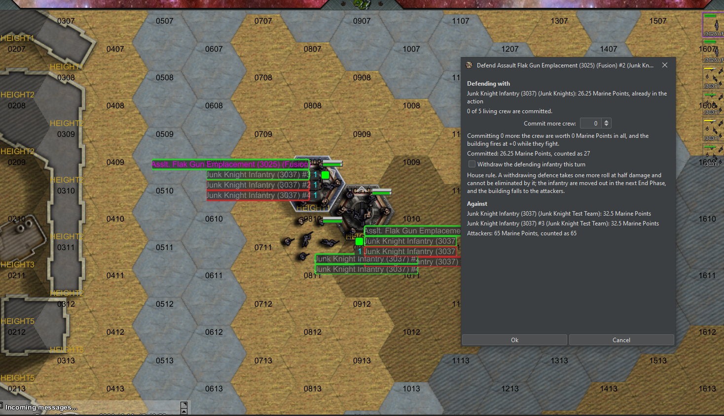 The defender's dialog: a platoon already in the action, a crew counter, and a house-rule box to withdraw the defending infantry this turn, which hands the building to the attackers