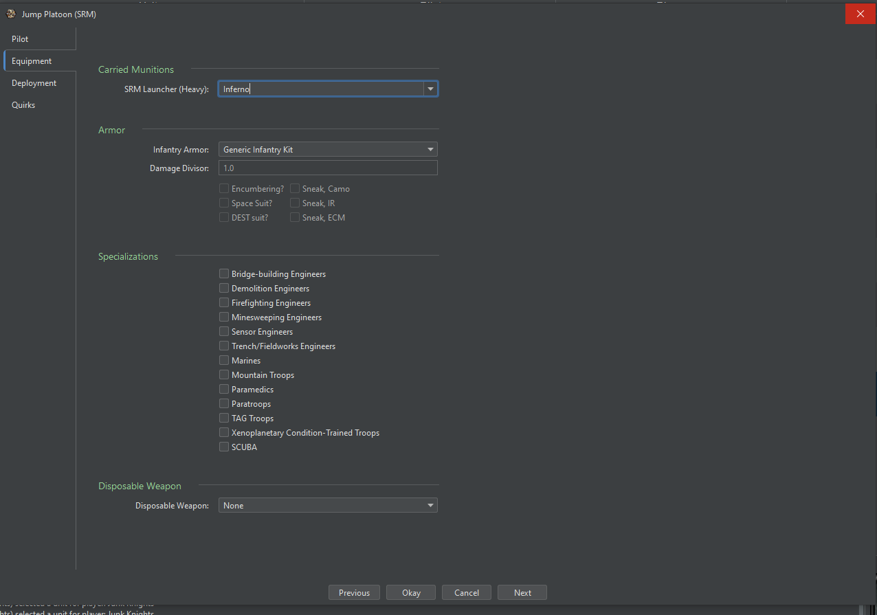 Configure Unit, Equipment tab for a jump SRM platoon, with Carried Munitions set to Inferno