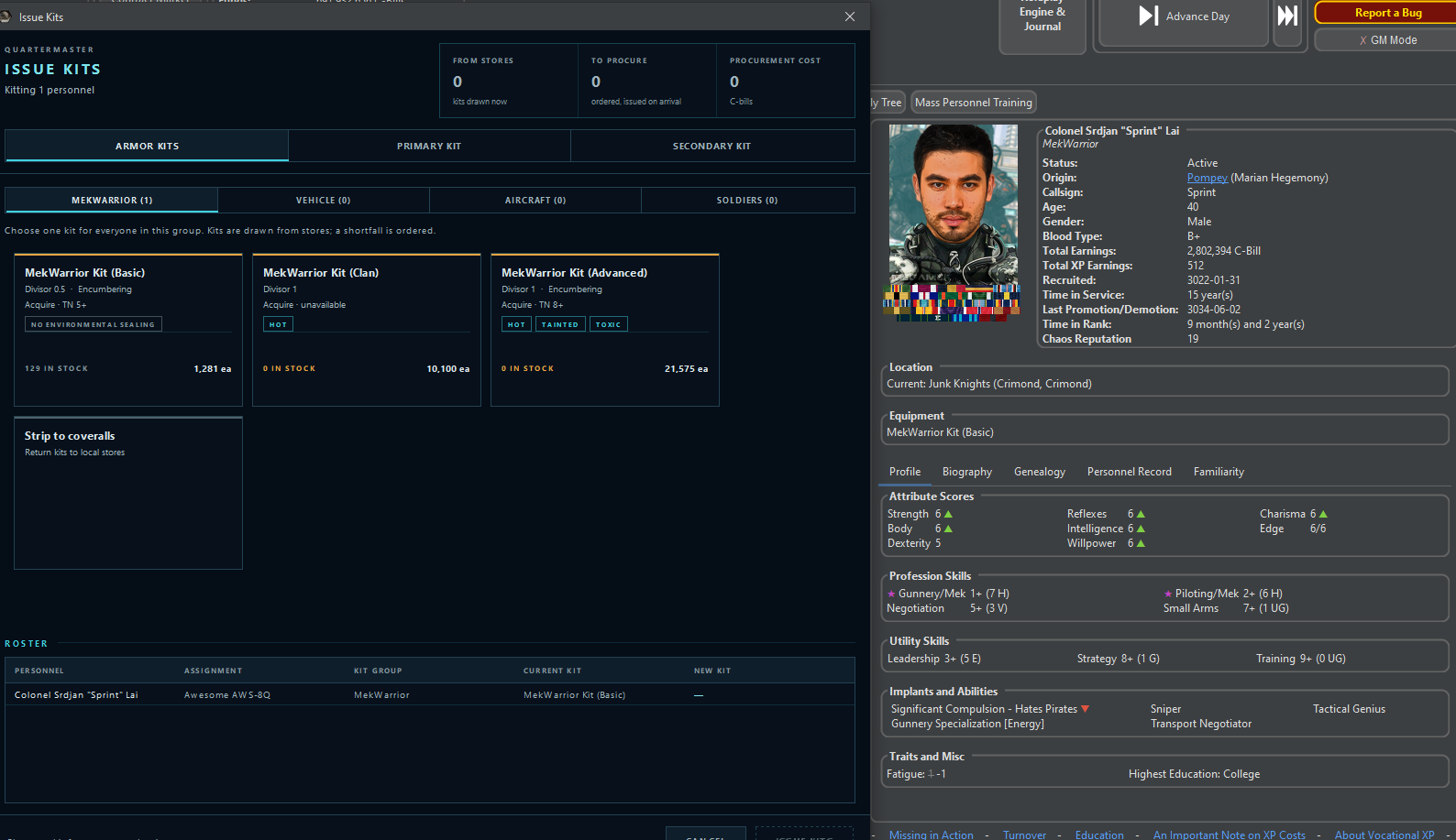 The MekHQ Issue Kits dialog: MekWarrior Kit Basic, Clan and Advanced, each with stock, price and tags for hot, tainted and toxic air, and a roster below with each person's current kit